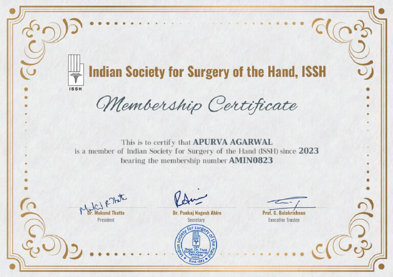 Indian Society for Surgery of the Hand Life Membership Certificate - Dr. Apurva Agarwal